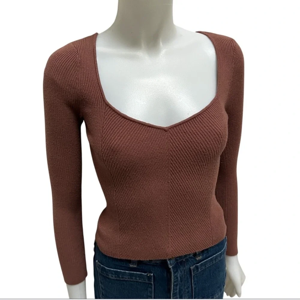 Abercrombie Fitch LuxeLoft Top Women's Ribbed Sweetheart Neck Brown Sz S Preppy - Picture 4 of 16